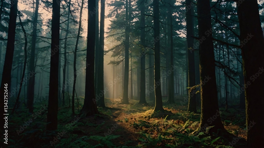 Fototapeta premium Sunlit Path Through a Misty Forest