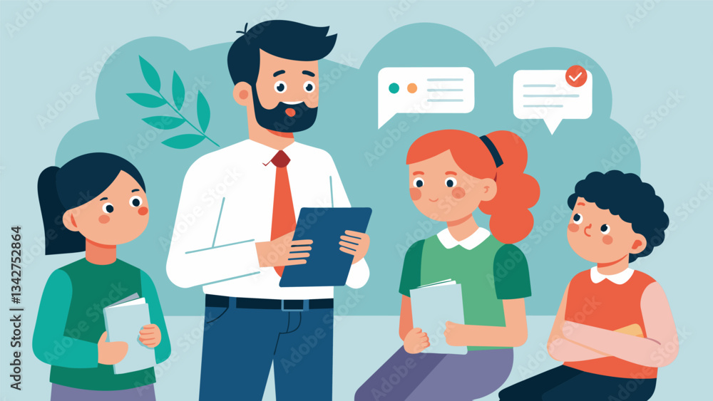 Fototapeta premium The guidance counselor shared personal anecdotes of their own experiences with school stress creating a sense of camaraderie and understanding between the student and counselor.. Vector illustration