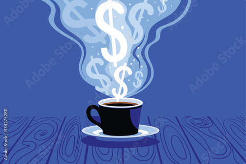 A steaming coffee cup, with swirling steam forming dollar signs, illustrating the cost and comfort of caffeine.