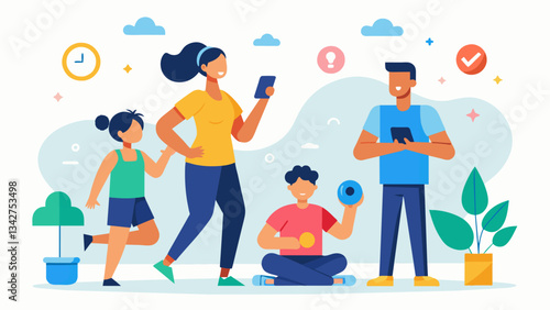 A family setting limits on screen time and encouraging each other to engage in physical activities training their discipline in maintaining a balanced and healthy lifestyle.. Vector illustration