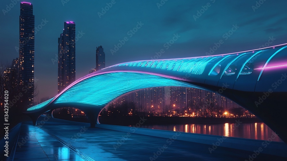Obraz premium Futuristic Cityscape: Illuminated Bridge and Urban Skyline at Night