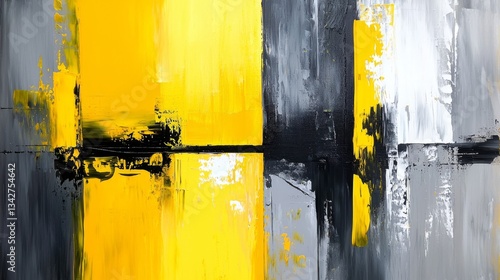 Vibrant abstract painting featuring grey and yellow tones.
