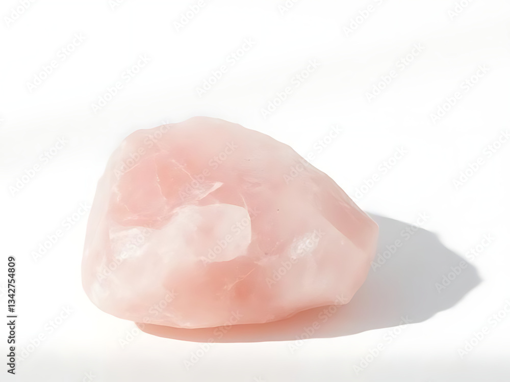 A minimalist composition featuring a raw rose quartz stone placed elegantly on a pristine white background with soft shadows A minimalist composition featuring a raw rose quartz stone placed elegantly on a pristine white background with soft shadows