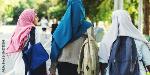 Photography Three Muslim girl students walking outdoors with backpacks and colorful hijabs