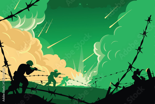 A chaotic battlefield scene at sunset, featuring intense explosions, smoke, and fallen soldiers amidst crumbling structures.  Barricades and burning wreckage are visible.