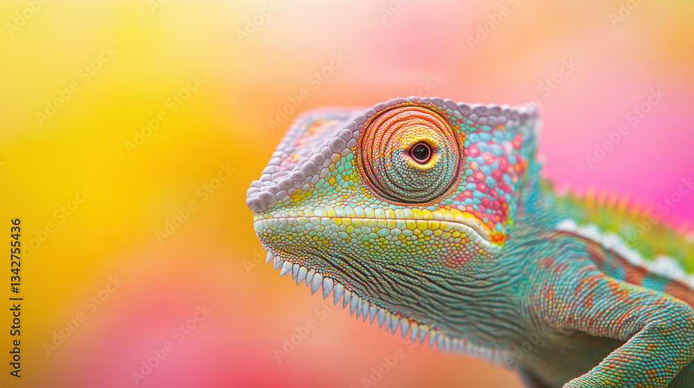 Obraz premium Colorful chameleon with vibrant scales against soft, blurred background. This macro wildlife photography captures intricate details and beauty of this fascinating reptile