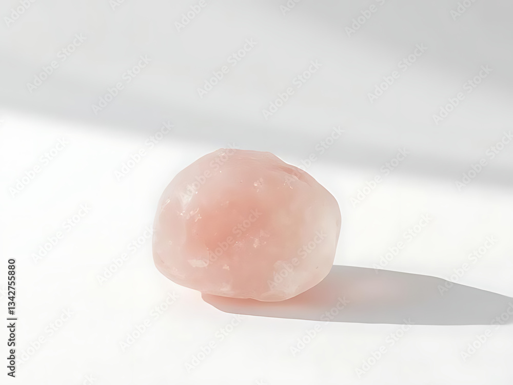 A minimalist composition featuring a raw rose quartz stone placed elegantly on a pristine white background with soft shadows A minimalist composition featuring a raw rose quartz stone placed elegantly on a pristine white background with soft shadows