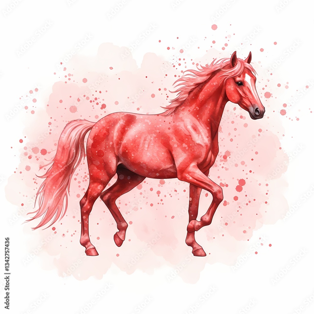 Fototapeta premium Red horse trotting against a watercolor splash background