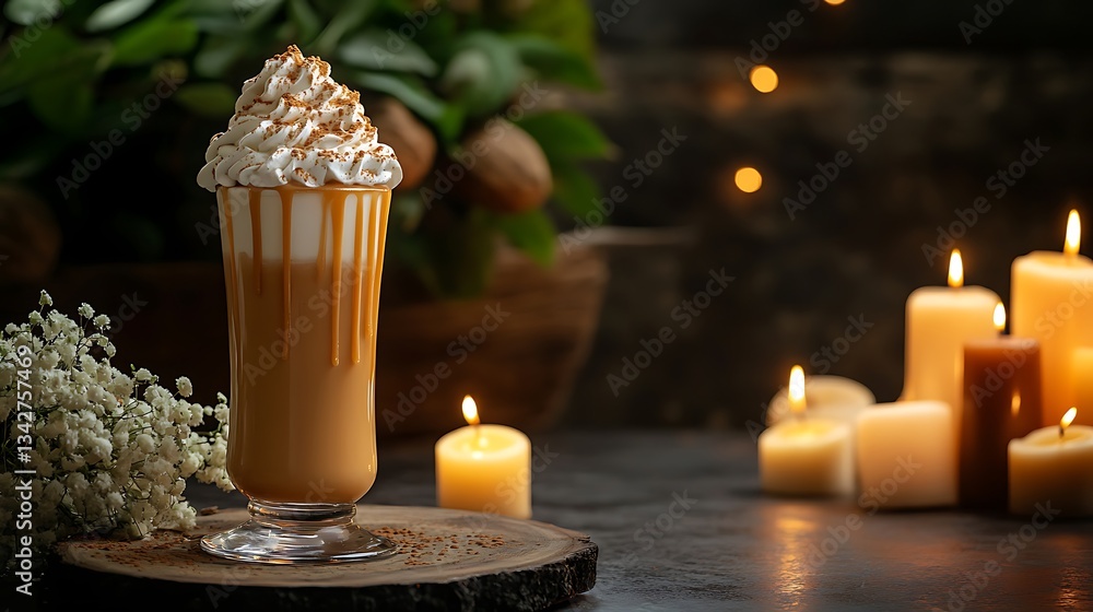 A caramel milkshake topped with whipped cream glowing candles around romantic evening setup A caramel milkshake topped with whipped cream glowing candles around romantic evening setup