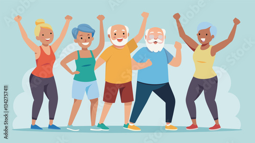 A group of seniors ranging in age all cheering and encouraging each other as they complete the final set of burpees in a Silver Generation fitness class.. Vector illustration