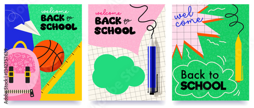 set of posters back to school with bright colours, autumn eve background, ads, flyer, banner, card, modern vector illustration