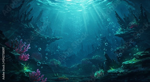 Fototapeta Naklejka Na Ścianę i Meble -  A computer generated image of a deep blue ocean with a rocky bottom