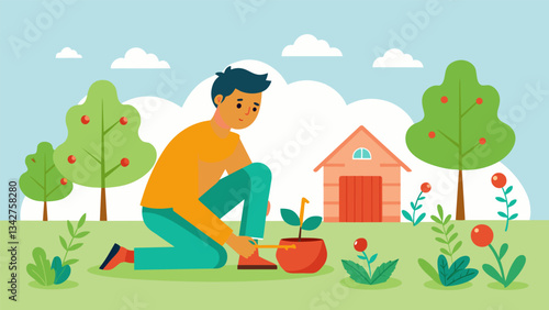 A man sits crosslegged in his backyard immersed in the peaceful task of pruning his tomato plants and finding satisfaction in the simple act.. Vector illustration