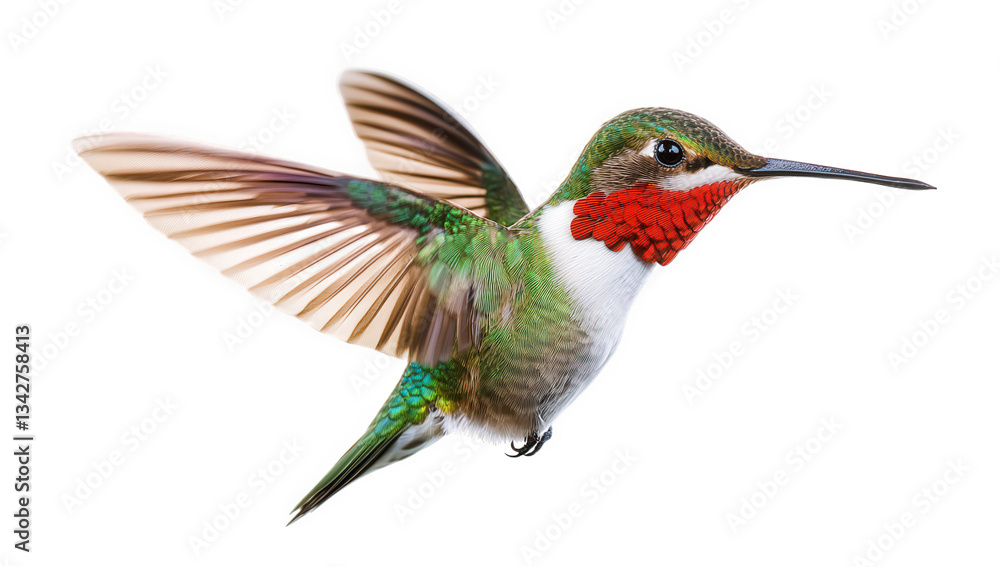Fototapeta premium a vibrant hummingbird in mid-flight showcasing its iridescent feathers and distinctive red throat captured against a plain white background