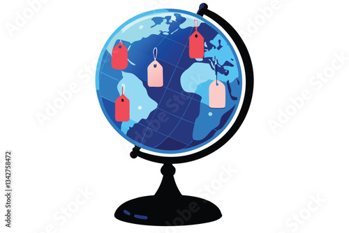 A detailed illustration of a world globe with numerous price tags hanging from various continents, symbolizing global economics and market fluctuations.