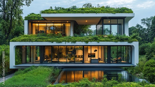 A modern white building with a green roof and lush vegetation showcases sustainable architecture, promoting eco-friendly urban living and environmental consciousness