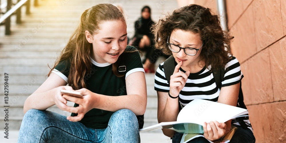 Fototapeta premium Two young Caucasian girls studying on stairs. One girl is holding a phone, the other reading a book. Caucasian girls, studying on stairs, girls with book. Teenage girls studying and doing homework.