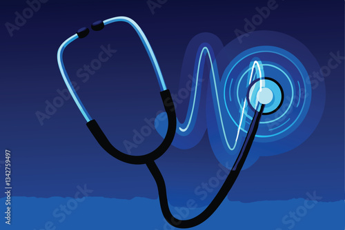 A futuristic medical illustration glowing stethoscope intricately woven with vibrant digital circuitry, suggesting technological advancements in healthcare.