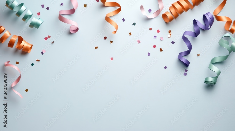 Obraz premium Festive ribbons and confetti on light blue background