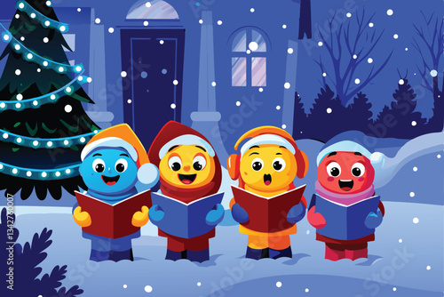 Cheerful cartoon characters, diverse styles, joyfully singing Christmas carol "Chris (1)", festive attire, celebratory mood, vibrant colors.
