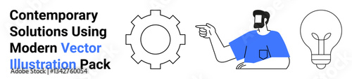 Gear symbolizing mechanics, a user pointing in blue attire, and a light bulb for ideas. Ideal for technology, teamwork, creativity, tech support, user focus, digital marketing flat landing page