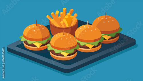A tray of mouthwatering sliders filled with juicy beef patties melted cheese and all the fixings served with a side of crispy sweet potato fries.. Vector illustration