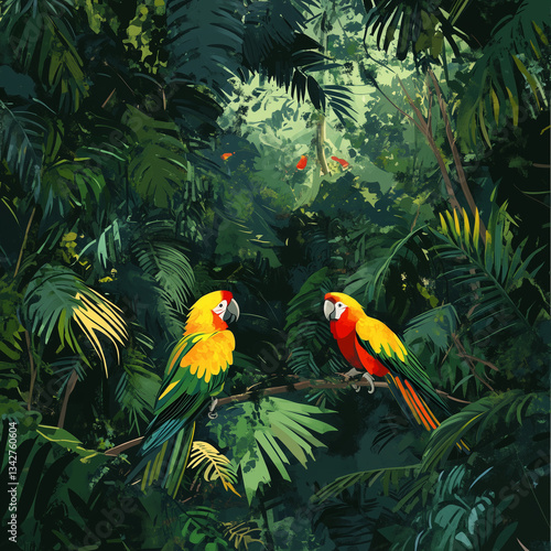 Wallpaper Mural Illustration of a tropical rainforest with parrots. Generative AI.  Torontodigital.ca