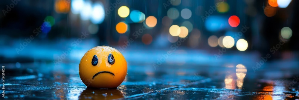 Fototapeta premium A melancholy emoji rests on a rainy street at night.