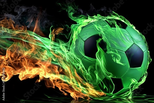 A soccer ball enveloped in vibrant green flames.
