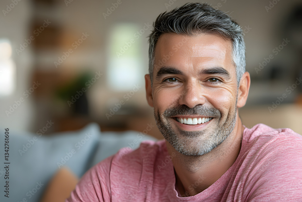 Portrait of a smiling man looking at the camera while sitting on a sofa in a living room. This close-up headshot portrait has a copy space area for your advertising text message or logo design. Portrait of a smiling man looking at the camera while sitting on a sofa in a living room. This close-up headshot portrait has a copy space area for your advertising text message or logo design.