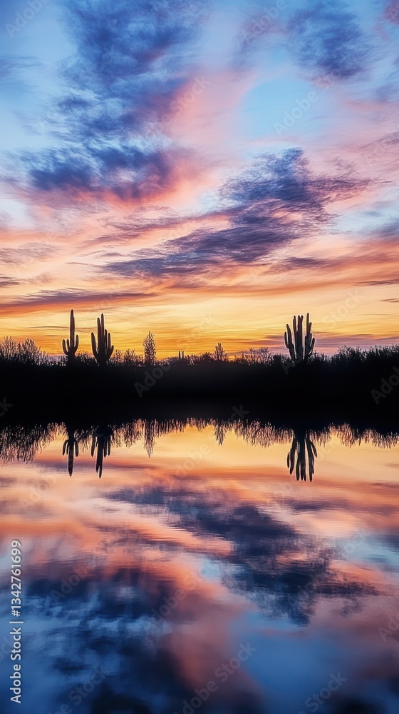 Obraz premium Desert sunset casts a warm glow, outlining cactus silhouettes against soft skies. Vertical.