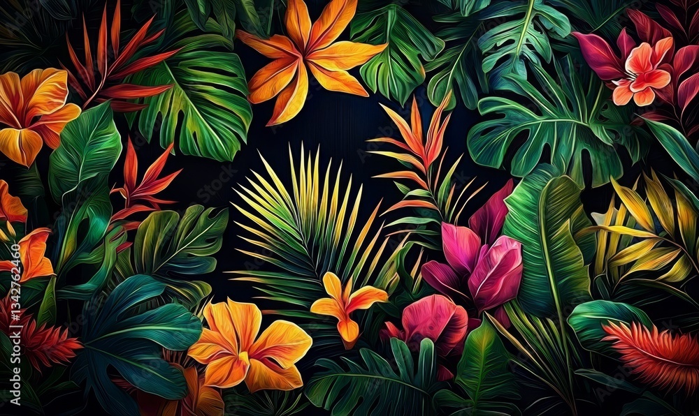 A creative arrangement showcasing bright tropical plants adhering to a black wall. A creative arrangement showcasing bright tropical plants adhering to a black wall.
