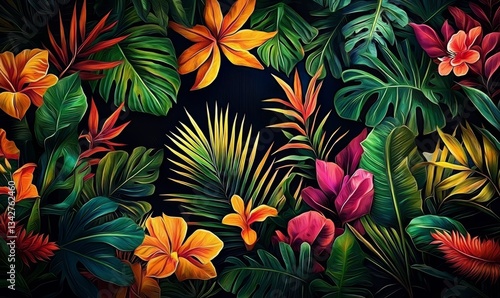 A creative arrangement showcasing bright tropical plants adhering to a black wall.