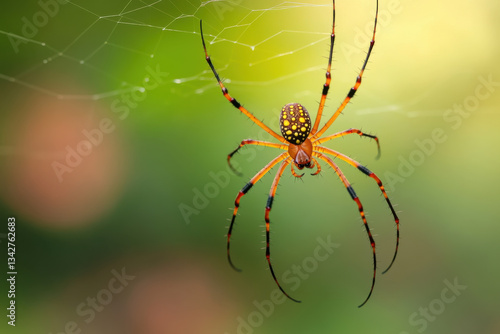 spider delicately hangs on its web, showcasing vibrant colors and intricate patterns. background features soft, blurred greenery, enhancing spider striking appearance