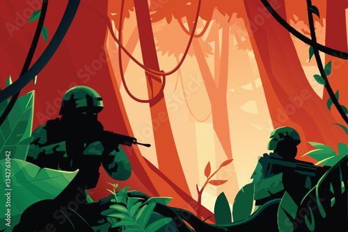 Camouflaged soldiers in ghillie suits navigate dense jungle foliage during a covert operation; intense warfare scene.
