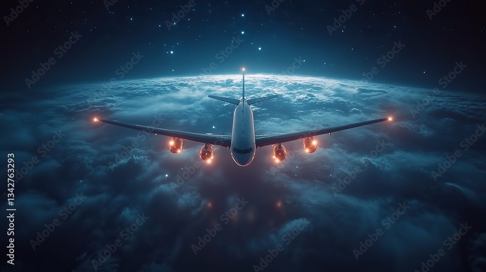 Fototapeta premium A plane flies above Earth at night, representing global business travel