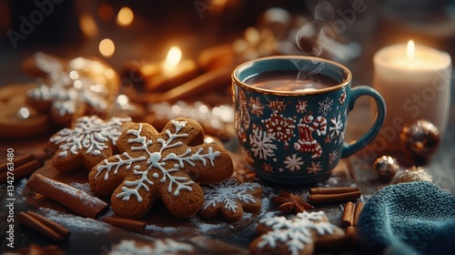 Fototapeta Naklejka Na Ścianę i Meble -  A cozy Christmas baking scene, with warm spices swirling in the air, gingerbread cookies adorned with festive icing, and a steaming mug of spiced cider inviting cozy moments.