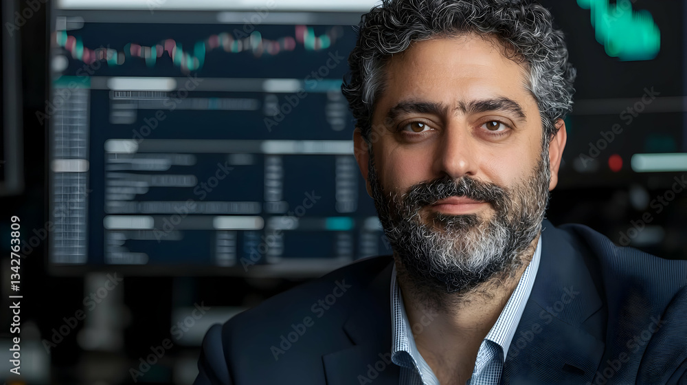Professional Male Trader with Stock Market Data in Background Professional Male Trader with Stock Market Data in Background