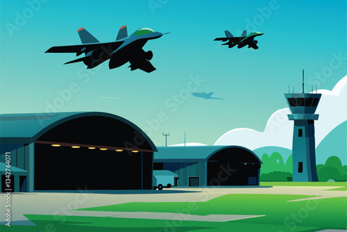 Dynamic image of military jets launching from a bustling airbase, showcasing hangars and support infrastructure.