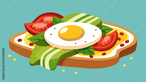A trendy avocado toast spread topped with poached eggs crispy bacon and a sprinkle of chili flakes perfect for brunch and Instagramworthy.. Vector illustration