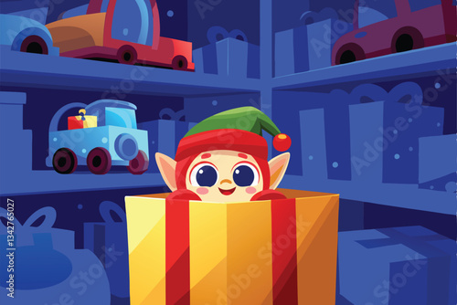 A mischievous cartoon elf with bright eyes peeks playfully from behind a large, whimsical mushroom, wearing a tiny green hat.