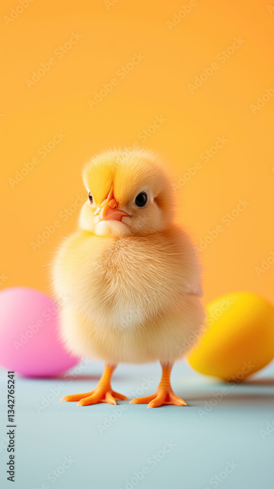 Fototapeta premium Baby Chick Stands Proudly on Pastel Tablecloth Surrounded by Easter Decorations and Blooming Flowers in Bright Daylight