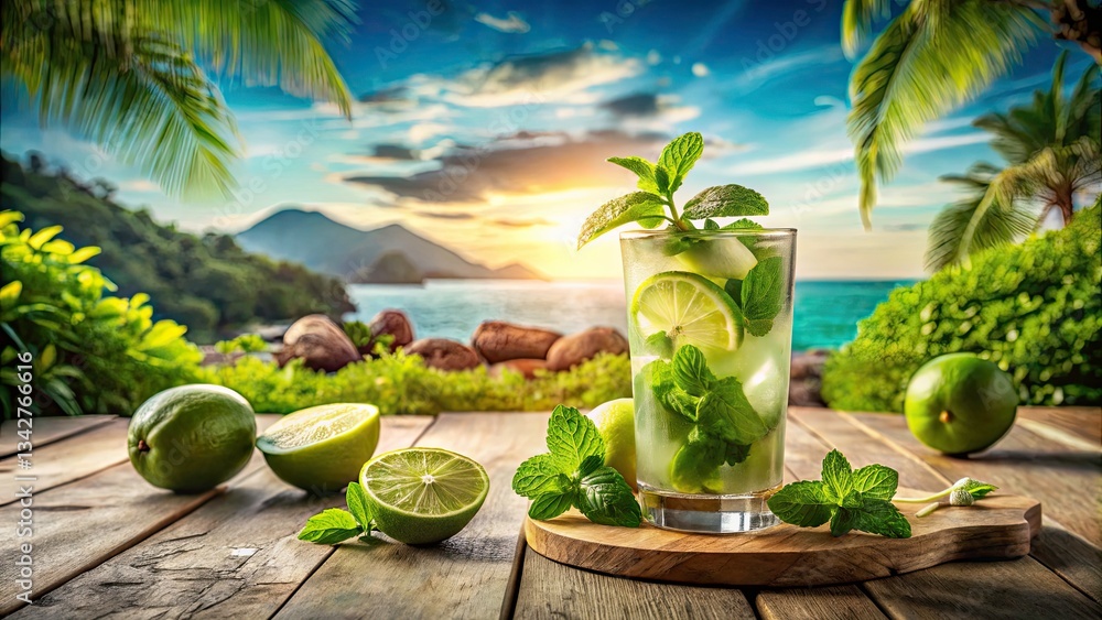 Obraz premium Homemade Mojito Recipe: Vibrant Lime & Mint Landscape Photography