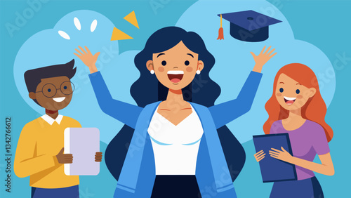 A Gen X woman excitedly tells her friends about the internship she landed at a top company thanks to the education and skills she gained through returning to college.. Vector illustration