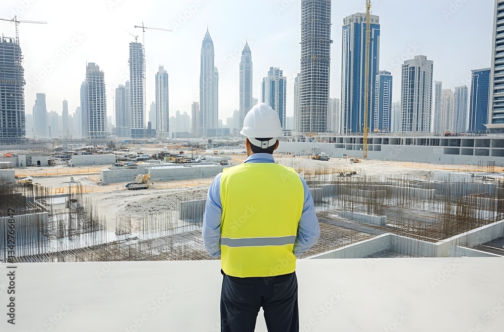 Obraz premium A civil engineer visits for a construction site visit, and the site engineer checks or inspects the progress of the work or project
