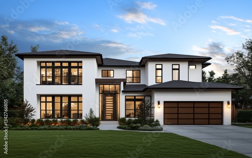 Modern house exterior at twilight, lush lawn, suburban setting