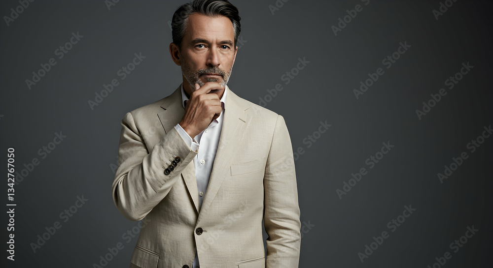 Fototapeta premium Thinking Man in Suit with Hand on Chin Against Gray Background