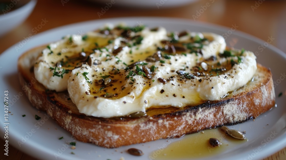 A golden-brown toast canvas, topped with a creamy layer of goat cheese and studded with crunchy pumpkin seeds, offering a symphony of flavors and textures. A golden-brown toast canvas, topped with a creamy layer of goat cheese and studded with crunchy pumpkin seeds, offering a symphony of flavors and textures.