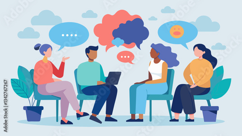 A panel discussion featuring mental health professionals and individuals sharing their journeys to recovery.. Vector illustration