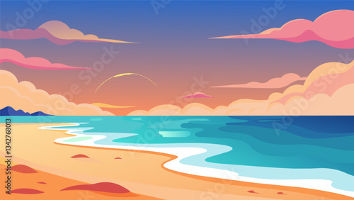 A calming beach scene with soft sand gentle waves and a mesmerizing sunset on the horizon.. Vector illustration